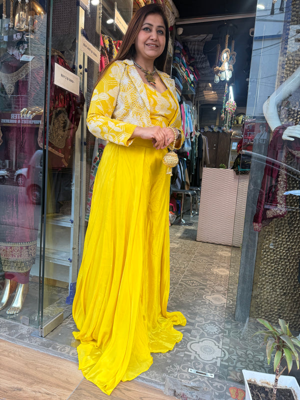Hand-Embroidered Jacket with Tie & Dye Blouse & Crepe Gharara (3-Piece Set)