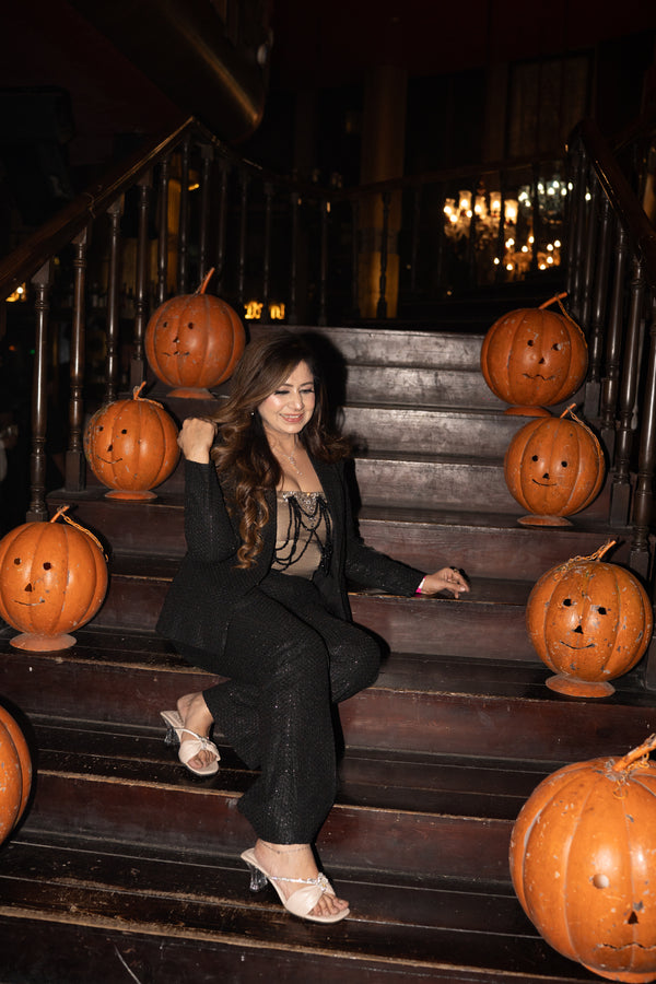 Black Sequin Glam Blazer Set with Crystal Tissue Bralette