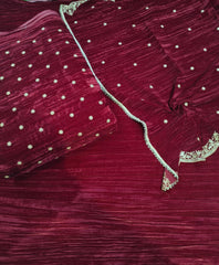 Premium Velvet Unstitched Suit Set with Embroidered Shirt & Scalloped Dupatta | Winter Festive Collection
