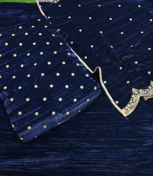 Premium Velvet Unstitched Suit Set with Embroidered Shirt & Scalloped Dupatta | Winter Festive Collection