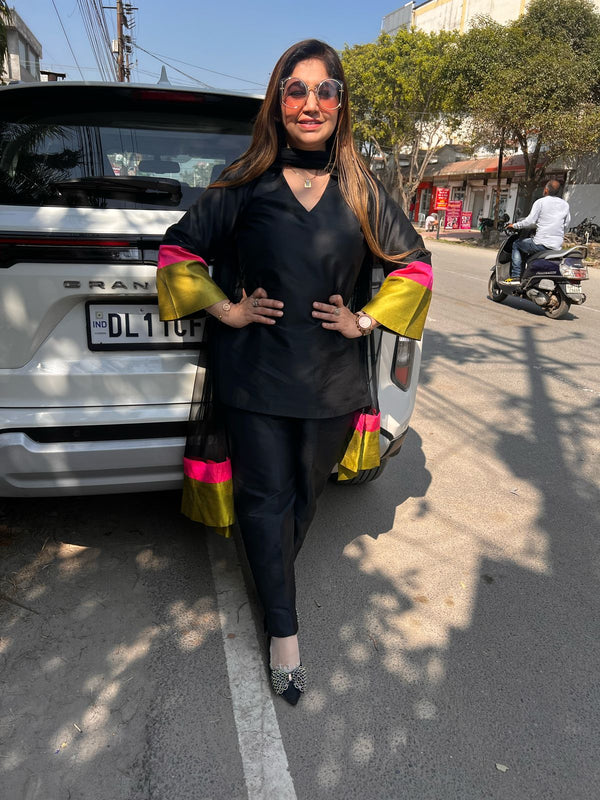 Black Cotton Silk Pant Suit
