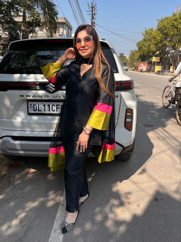Black Cotton Silk Pant Suit